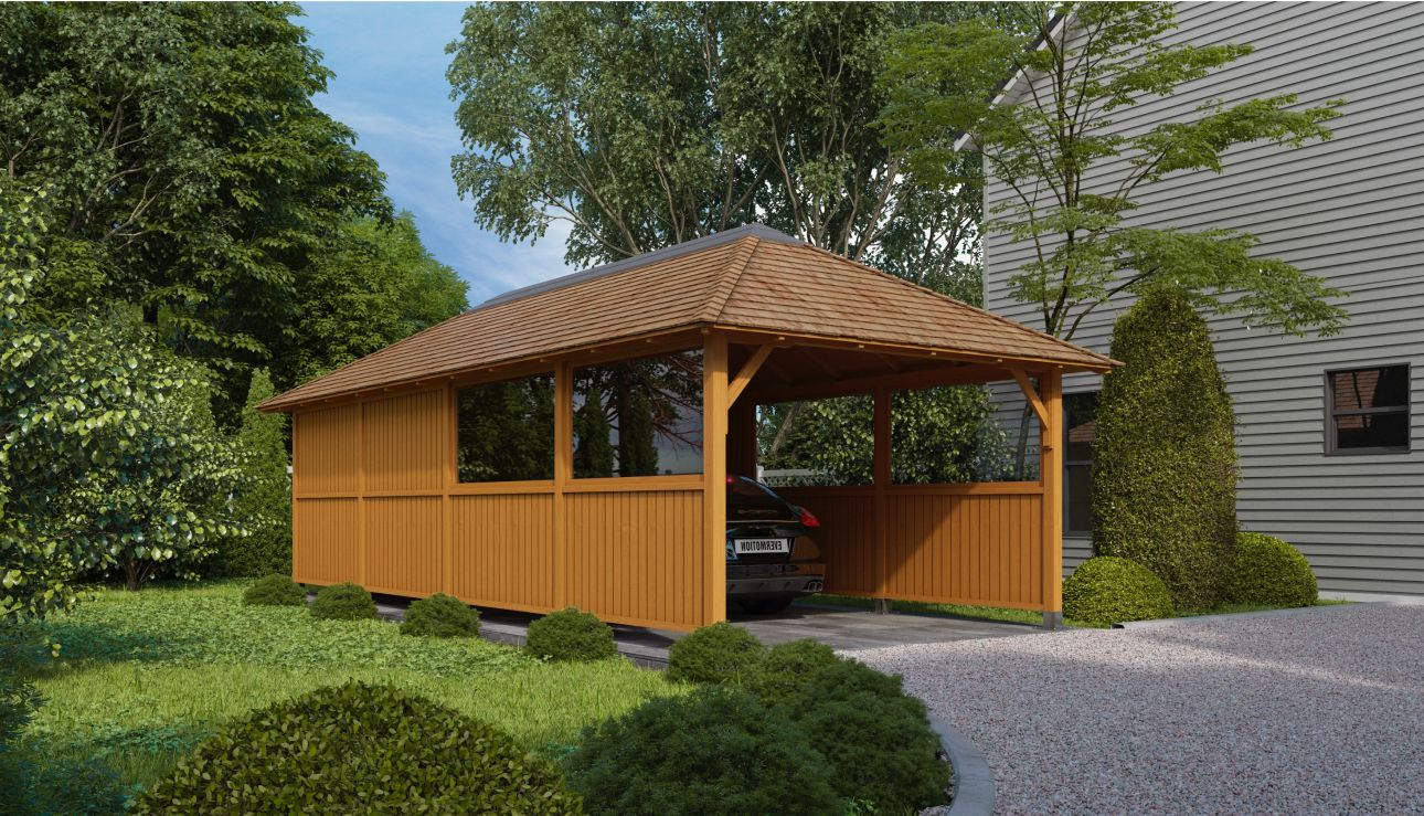 Sunrise Carport in a garden setting